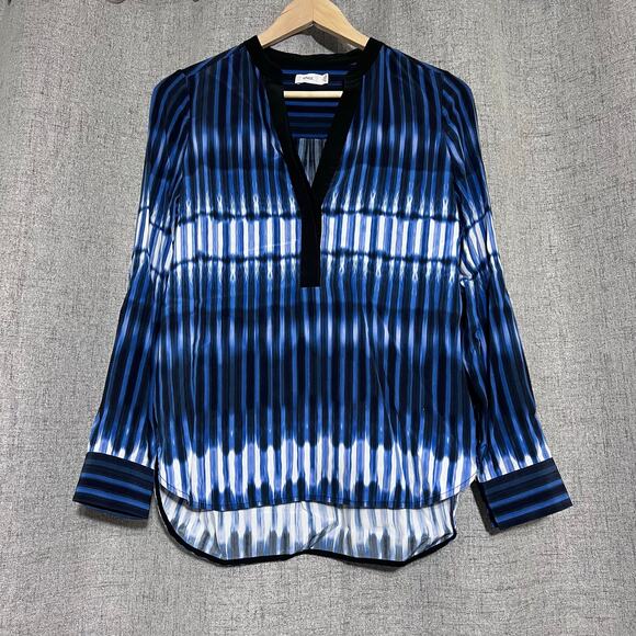 Vince Tops - Vince Top Women 4 Blue Career Roll Tab Round Hem Tie Dye 100% Silk Popover